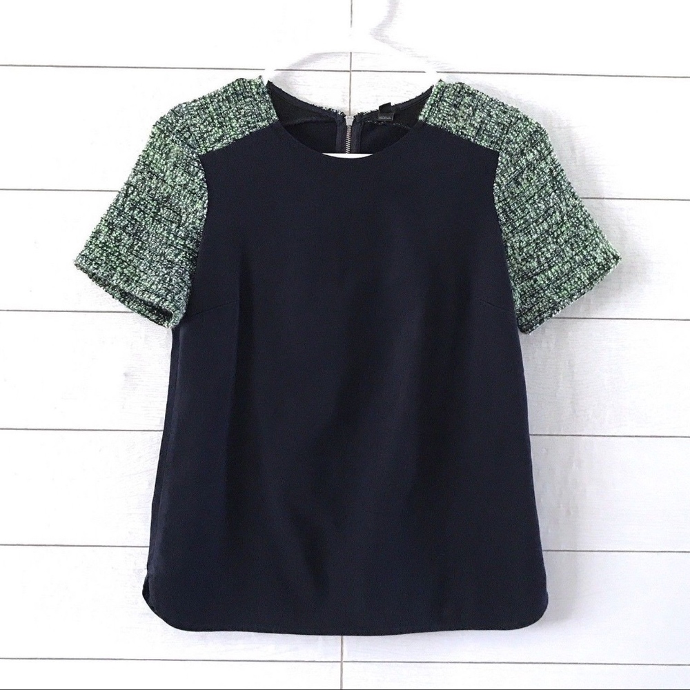 J.Crew Navy Blue Green White Tweed Sleeve Top - Picture 1 of 8